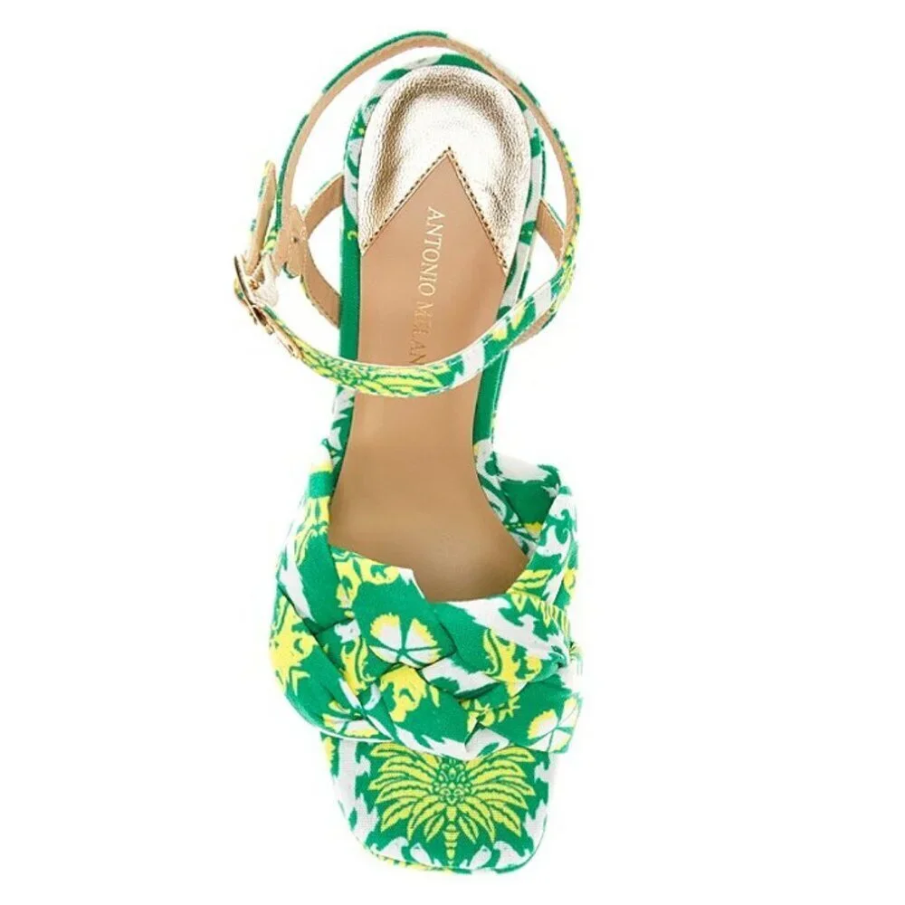 ANTONIO MELANI Green and Yellow Patterned Platform Sandals